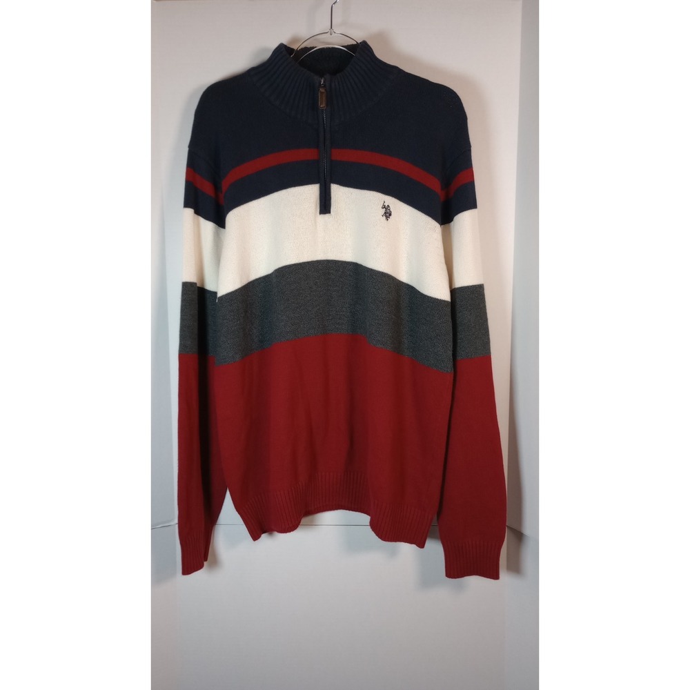 US Polo Assn Men XL Cotton 1/4 Zip Sweater Red/White/Blue/Gray Old Money